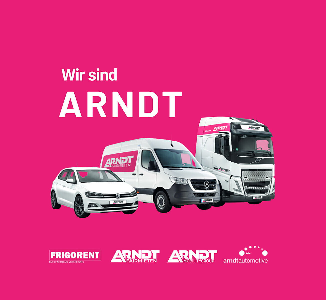 Fahrzeugflotte der Autovermietung Arndt mit PKW, Transporter und LKW auf pinkem Hintergrund | Wir sind ARNDT