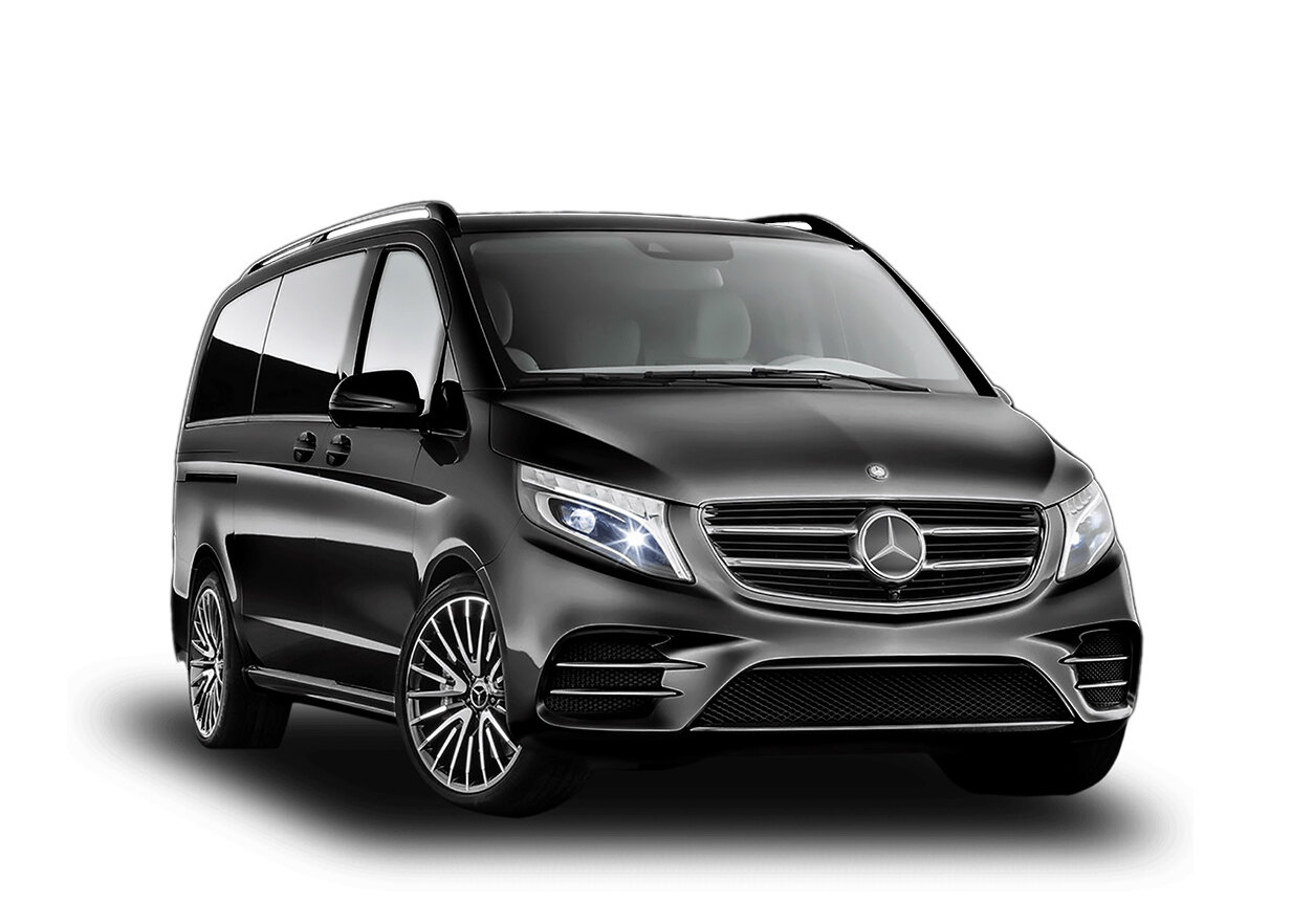 Seitliche Frontansicht des Mercedes V-Klasse in schwarz | Autovermietung Arndt