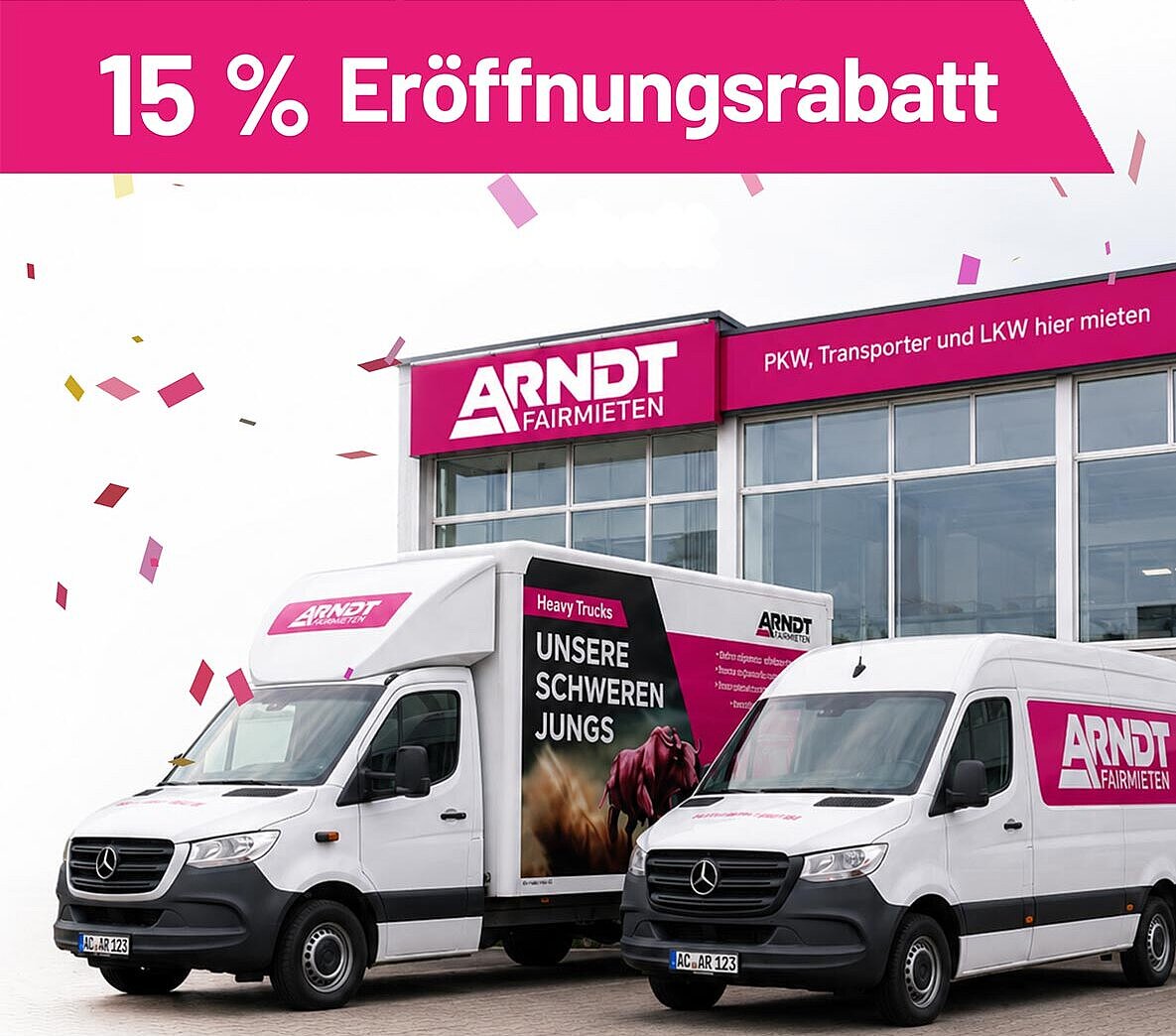 Eröffnungsrabatt bei der Autovermietung Arndt in Aachen mit Transporter und LKW vor der Station – PKW, Transporter und LKW mieten
