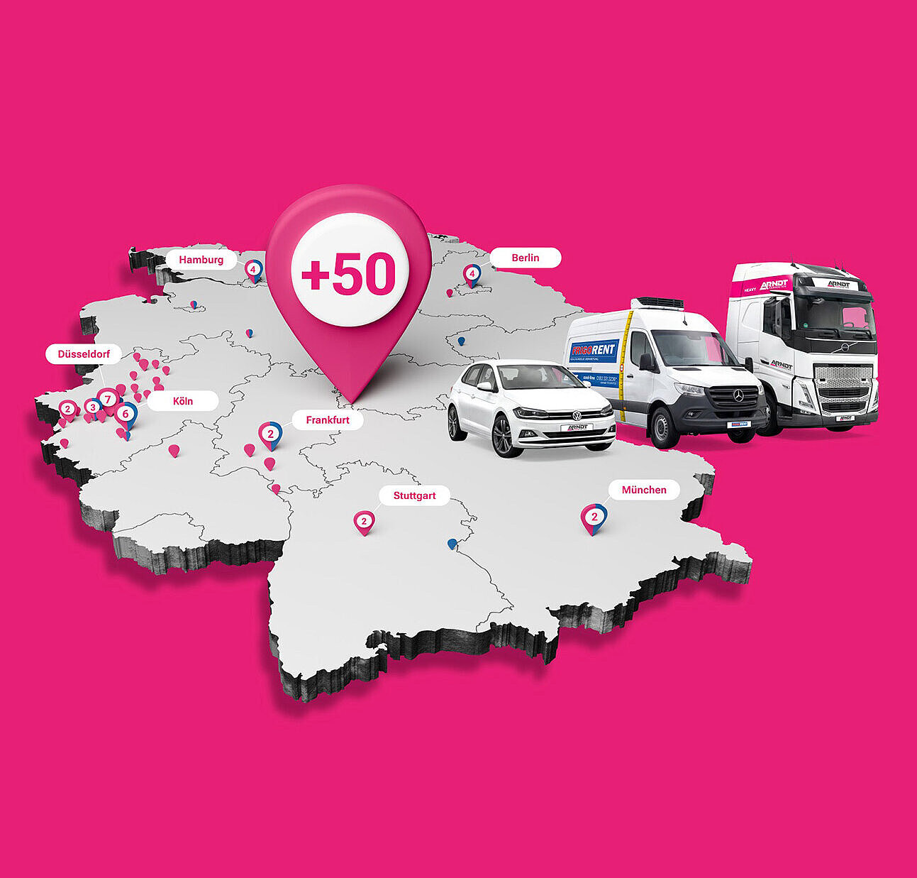 Übersichtskarte der Standorte der Autovermietung Arndt in Deutschland | Mit über 50 Standorten in Deutschland