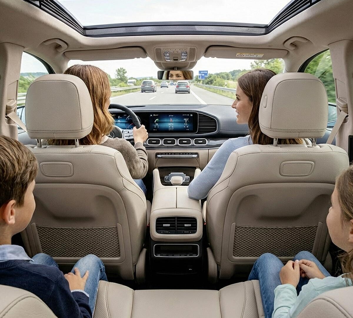 Familie im geräumigen SUV_ Innenraum mit Panoramadach auf freier Landstraße – SUV mit viel Platz und Sonderausstattung bei Autovermietung Arndt mieten