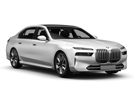 Weiße BMW 7er-Limousine mit schlanken LED-Leuchten und dunklen Leichtmetallrädern – BMW 7er mieten bei Autovermietung Arndt
