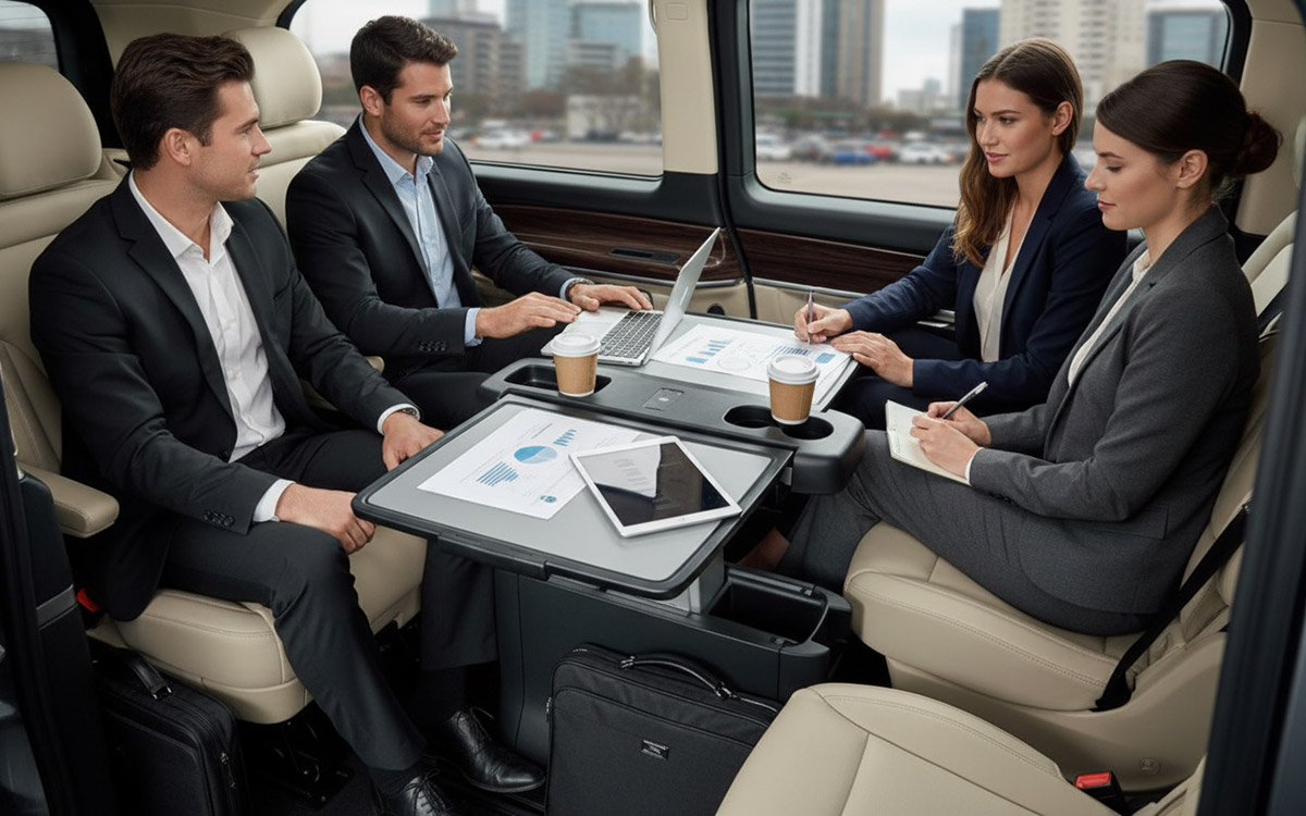 Geschäftsmeeting in einer Mercedes V-Klasse von Arndt – V-Klasse mieten für Business-Transfer