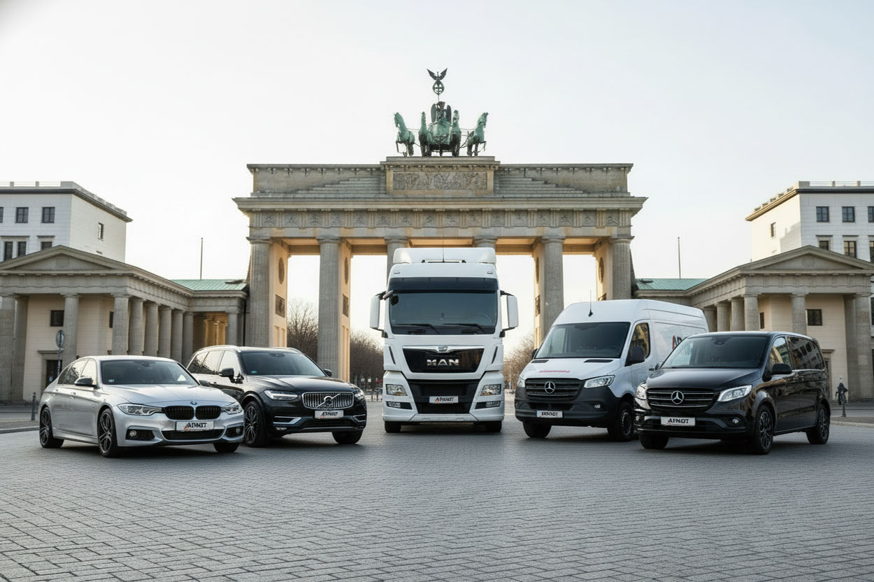 Fuhrpark von Arndt mit PKW, Transporter und LKW vor dem Brandenburger Tor – PKW und LKW mieten